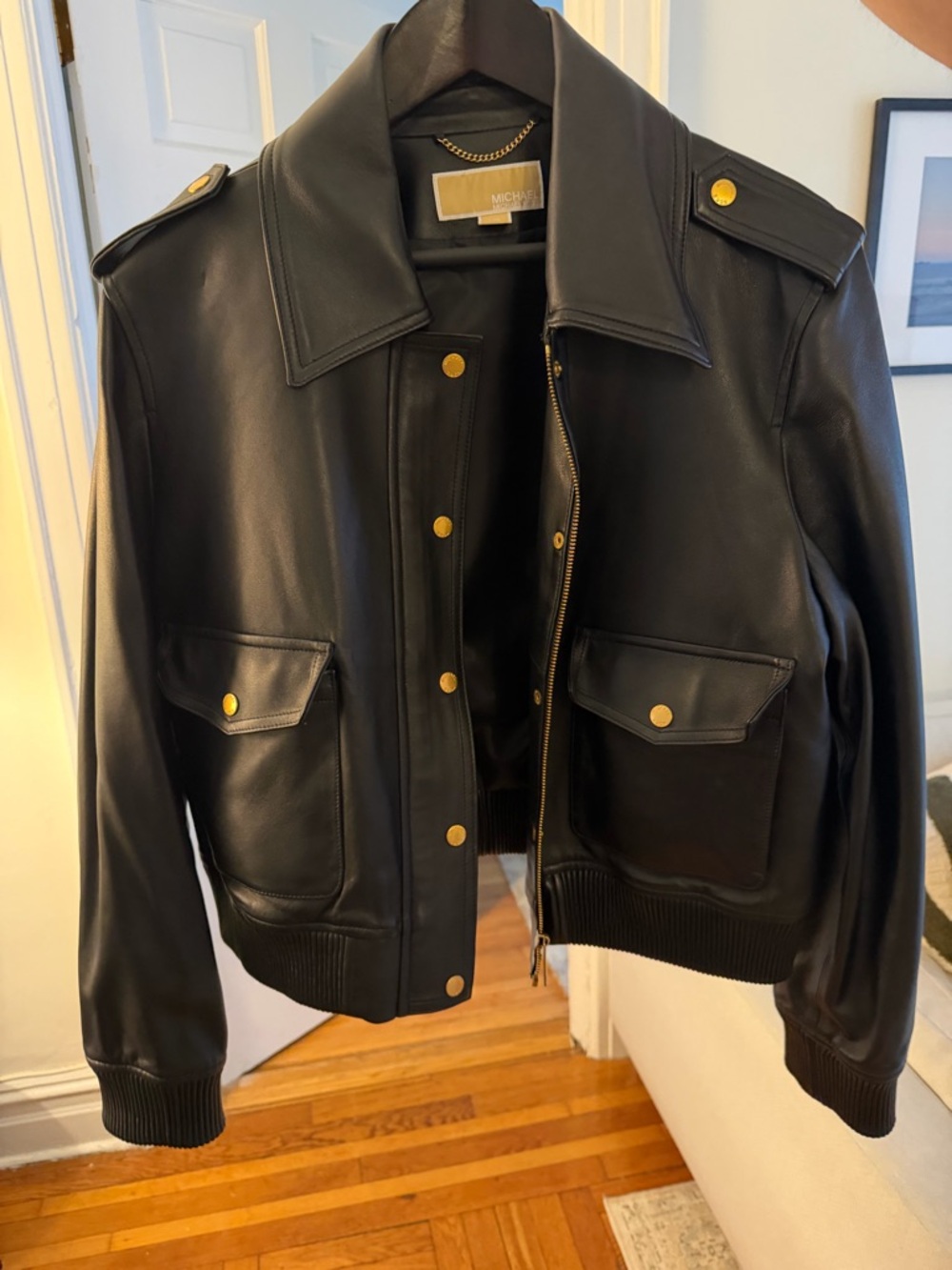 Michael Kors Black Leather Bomber Jacket with Gold Hardware